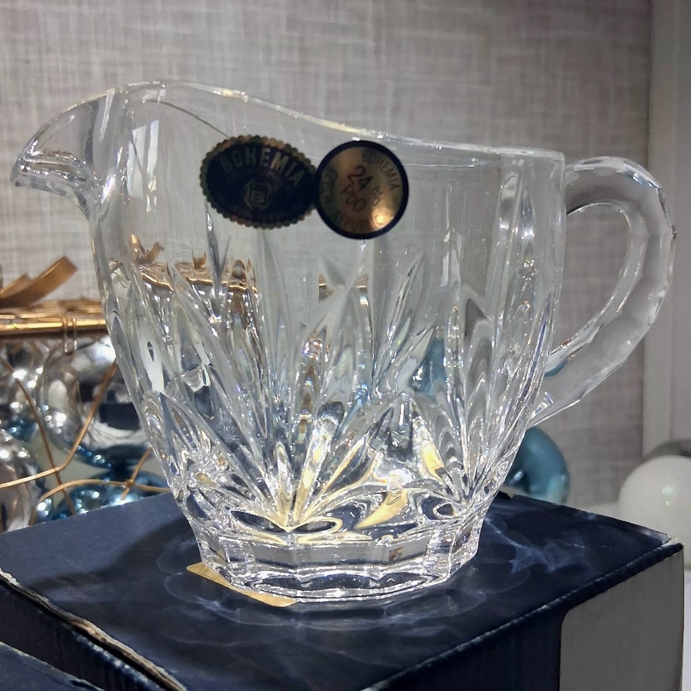 Crystal BOHEMIA Diamond Cut Creamer Pitcher Weighted BRAND-NEW w/tags/box 💎💎